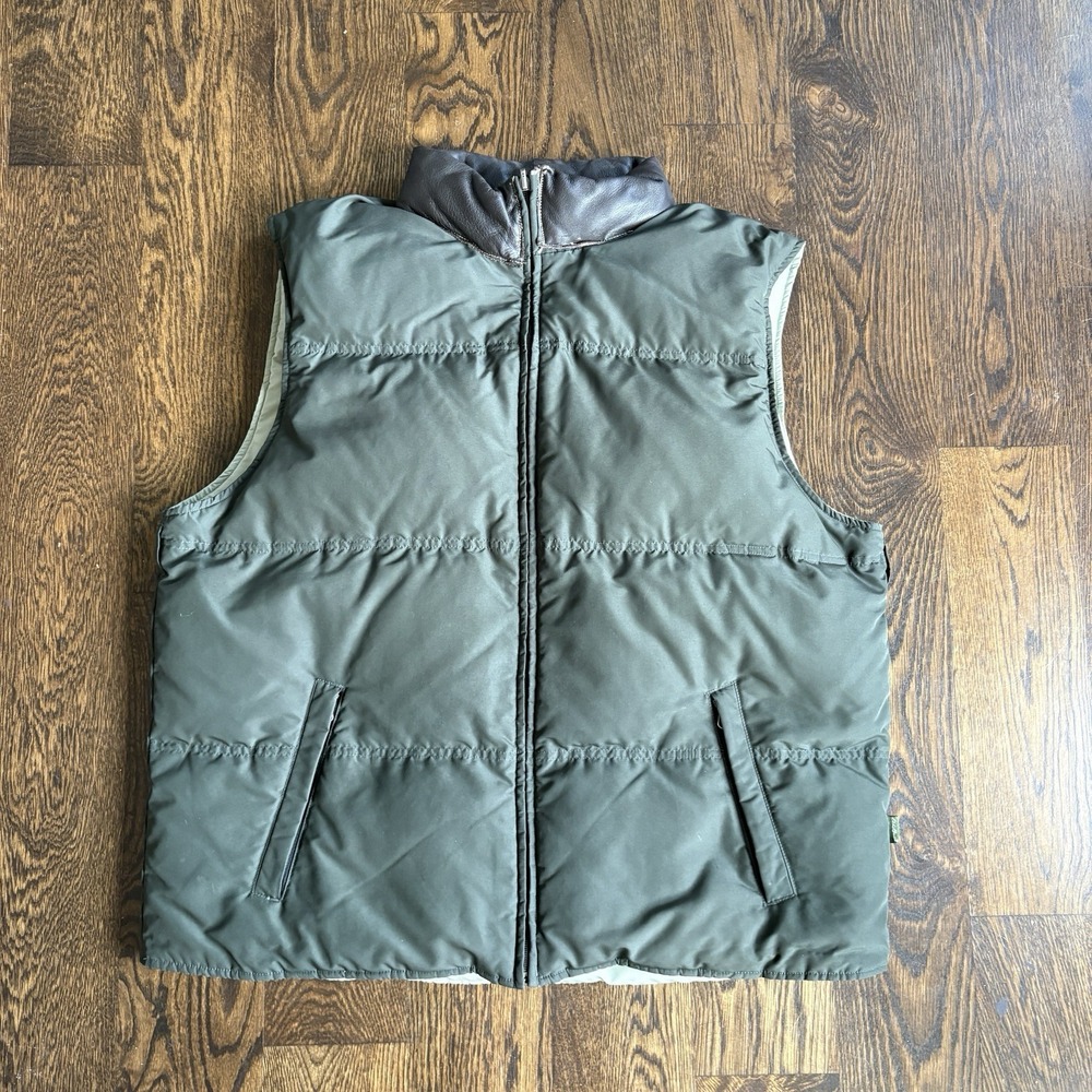 Vtg Eddie Bauer Reversible Down Puffer Vest Leather Collar Green Cream Mens XL